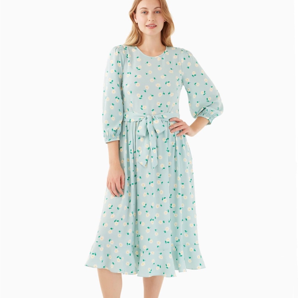 Kate Spade Dancing Asters Daisy Blue Smocked Midi Dress 6 Medium